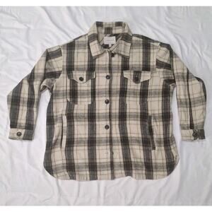 Women's Lucky Brand Beige & Black Buffalo Plaid Oversized Shacket Size L